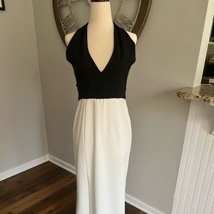 Custom black & white long dress with front slit and black bow in back: size 2